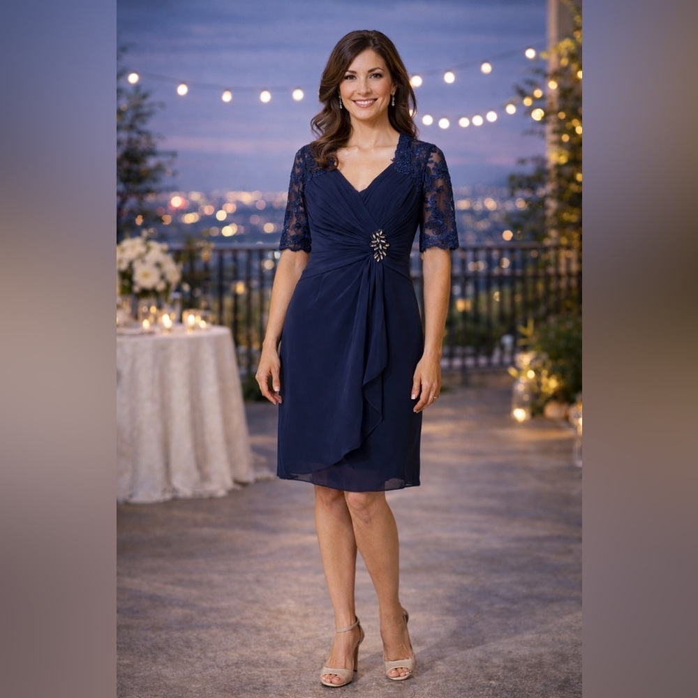LanTing Bride Elegant Navy Lace Sleeve Chiffon Beaded Waist Cocktail Dress S/M